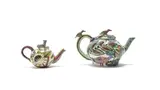 Teapot with bird and plant decoration; Teapot with leopard and protea decoration by Ardmore Ceramic Studio, painted and glazed ceramic, sold Oct 2025