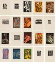 Pilgrimage to Dias Cross by Cecil Skotnes, 1987, colour woodcuts and wood engravings on paper, in a wood book with copper embellishments, sold Oct 2025