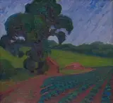 Bertha Everard, Landscape with Tree and Field, oil on canvas laid down on board