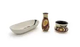 Lapid Ceramics, Two vases and a platter in sizes, hand-painted stoneware