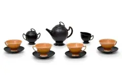 Mervyn Gers Ceramics, Tea set comprising: a teapot, a milk jug, a covered sugar bowl, four cups and four saucers, glazed ceramic