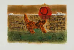 David Koloane, The Dog and the Moon, 2015, hand-coloured etching on paper