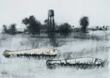 Beezy Bailey and Johann Louw, Fish in a Desolate Landscape, 2009, charcoal and collage on Fabriano paper
