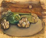 Ernst de Jong, Still Life with Green Pepper, 1979, oil and gold leaf on panel