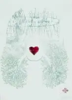 Lyndi Sales, Surreal Composition with Heart and Lungs, 2007, monotype and thread on paper