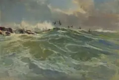 Errol Boyley, Cormorants over a Cresting Wave, oil on board