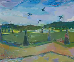 Wendy Anziska, Park with Fountain, oil on canvas panel