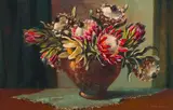 Otto Klar, Still Life with Proteas in a Vase, 1969, oil on board
