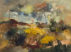 Abstract Landscape in Red, Blue and Yellow by Paul du Toit, oil on canvas laid down on board, sold Sep 2025