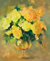 Ruth Squibb, Yellow Roses in a Brandy Glass, oil on board