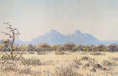 Herbert Diener, Grassy Landscape with Mountains in the Distance, 1980, oil on canvas laid down on board