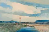 Christopher Tugwell, Windmill in a Grassy Landscape with Mountains in the Distance, oil on board