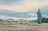 Christopher Tugwell, Cattle Resting amongst Poplars in the Early Morning, oil on canvasboard
