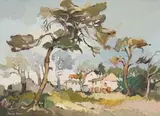 Kobus Louw, Landscape with Trees and a House, oil on board