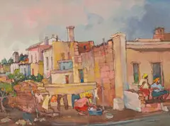 Kobus Louw, Street Scene with Figures and Washing Line, 2007, oil on canvas laid down on board