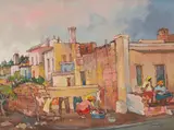 Kobus Louw, Street Scene with Figures and Washing Line, 2007, oil on canvas laid down on board