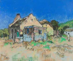 Conrad Theys, Cape Cottage with Figures, 1992, pastel on paper