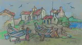 Gregoire Boonzaier, Cottages with Boats and Figures, 1975, pastel on paper