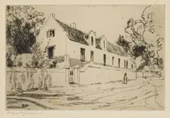 Robert Gwelo Goodman, Cape Dutch House with Figure, etching on paper