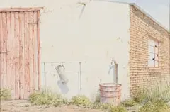 Simon Parkin, Barn with Tap and Water Drum, watercolour on paper