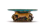 Cake stand with leopard and flower motifs by George Manyathela and Thandeka Shabalala Moshe Sello, 2015, painted and glazed ceramic, sold Aug 2025