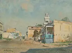 Robert Broadley, Cape Street Scene with Figures, oil on canvas laid down on board