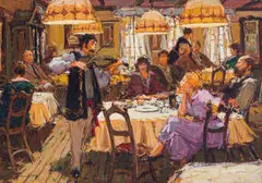 Adriaan Boshoff, Restaurant Interior with Violinist, oil on canvas laid down on board