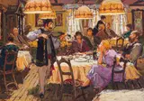 Restaurant Interior with Violinist by Adriaan Boshoff, oil on canvas laid down on board, sold Aug 2025