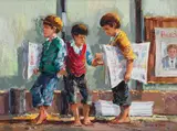 Andre de Beer, Newspaper Sellers, 1986, oil on artist’s board