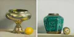 Diane McLean, Brass Flower Bowl and Lemon; Turquoise Ginger Jar and Doorknob, two, 2024, oil on board