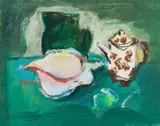 Carl Büchner, Still Life with Teapot and Jugs, oil on board