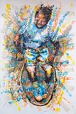 Boy Skipping by Mbongeni Richman Buthelezi, 2014, mixed media with plastic on canvas, offered Aug 2025
