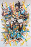 Boy on a Swing by Mbongeni Richman Buthelezi, 2014, mixed media with plastic on canvas, offered Aug 2025