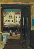 Street Scene with Figures by Adriaan Boshoff, oil on canvas laid down on board, sold Aug 2025