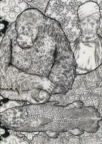 Peter Mammes, Figure with Fish and Orangutan, 2014, koki-pen on acetate