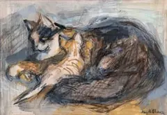 May Hillhouse, Cat, watercolour and pastel on paper laid down on board