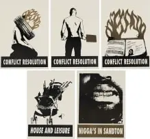 Kudzanai Chiurai, Conflict Resolution (Necklacing); Conflict Resolution (Passport); Conflict Resolution (Shovel); House and Leisure; N***** in Sandton, five, colour screenprint on paper