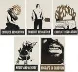Kudzanai Chiurai, Conflict Resolution (Necklacing); Conflict Resolution (Passport); Conflict Resolution (Shovel); House and Leisure; N***** in Sandton, five, colour screenprint on paper