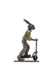 Carol Cauldwell, Rabbit on a Scooter, bronze with a green and brown patina and wax, on a painted steel base