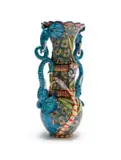 Vase decorated with blue elephants and proteas by George Manyathela and Teboho Ndlovu Thembi Zikala, 2014, painted and glazed ceramic, offered Aug 2025