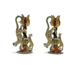 Thulani Mntungwa and Mbusi Mfuphi, A pair of candlesticks with leopard and floral decoration, two, painted and glazed ceramic