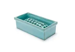 Blue rectangular trough pot with flower frog by Linn Ware, glazed earthenware, sold Aug 2025