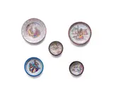 Linn Ware & Ceramic Studio, Plates decorated with Ndebele domestic scenes, five, hand-painted and glazed earthenware