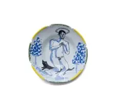 Hylton Nel, Plate decorated with praying nude and cat, 2002, painted and glazed ceramic