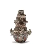 Henriette Ngako, Vessel with mythological creatures, painted and incised terracotta