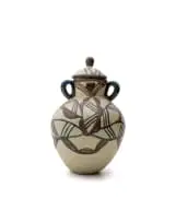 Dinah Molefe, Double-handled lidded vessel, 1976, painted and glazed reduction stoneware