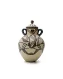 Dinah Molefe, Double-handled lidded vessel, 1976, painted and glazed reduction stoneware