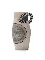 Vessel with single handle and stripe decoration by Louise Gelderblom, 2008, painted and glazed terracotta, sold Jul 2025