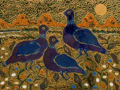 Esias Bosch, Tile decorated with three birds in a landscape, painted and glazed ceramic with lustre decoration
