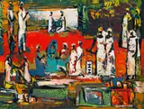 Walter Battiss, Figures in White and Turquoise, oil on canvas